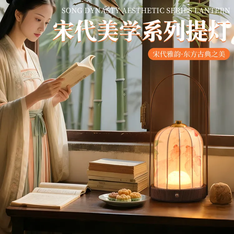 宋代美学手提灯古典新中式氛围灯茶室书房装饰灯胡桃木提梁小夜灯