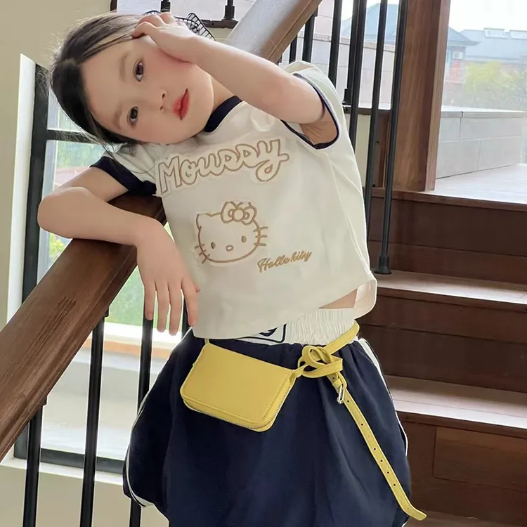 儿童百搭花苞短裙2025女童新卡通KT猫刺绣拼色圆领短袖上衣两件套