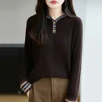 新款连帽精纺细羊毛撞色复古法式提花V领针织开衫早秋上衣长袖