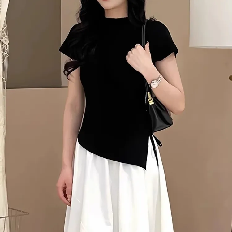 收腰修身显瘦小上衣2025夏季新款大码女装不规则下摆短袖针织衫女