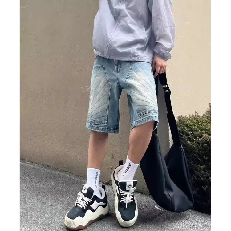 美式复古水洗解构做旧设计感牛仔短裤男高街直筒宽松阔腿五分裤潮