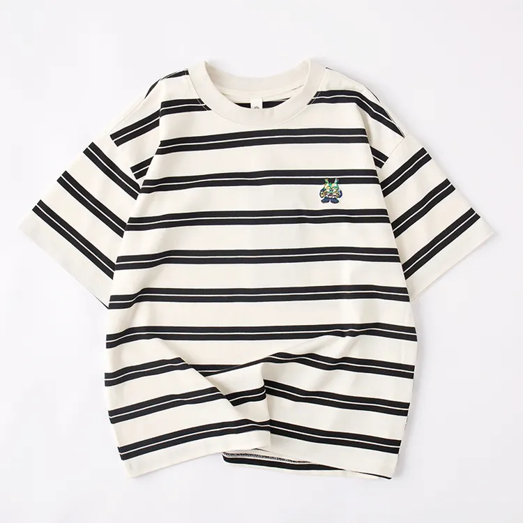 吴小越w965男童韩版条纹刺绣短袖印花T恤2025款上衣儿童夏季宽松