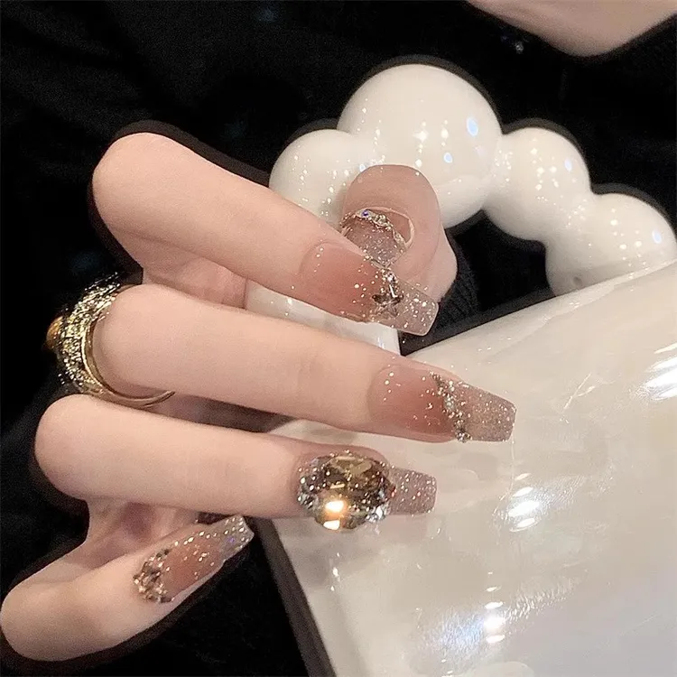 【琥珀流沙】纯手工香槟色中长款冰透猫眼精致闪钻显白穿戴甲美甲贴