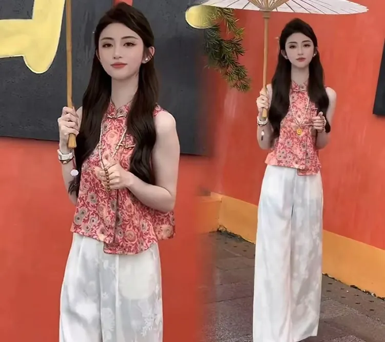显瘦中式国风立领斜开襟长流苏气质提花上衣洋气百搭短袖t恤