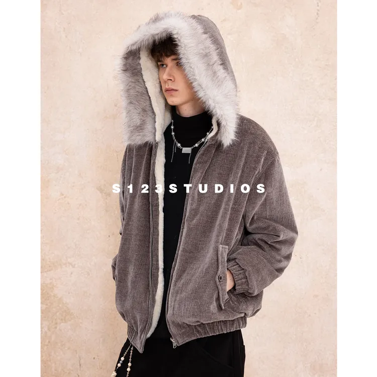 聪明陈美式树皮纹座山雕大毛领棉服男冬季双面穿宽松保暖夹克外套