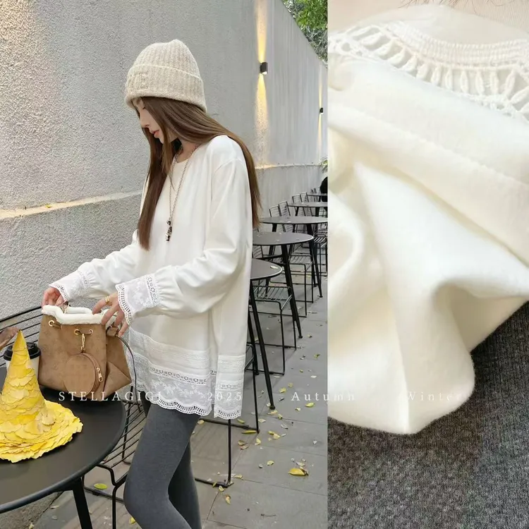 SG / 杨依姗 AW蕾丝拼接侧开衩长袖磨毛打底T恤T-20252513