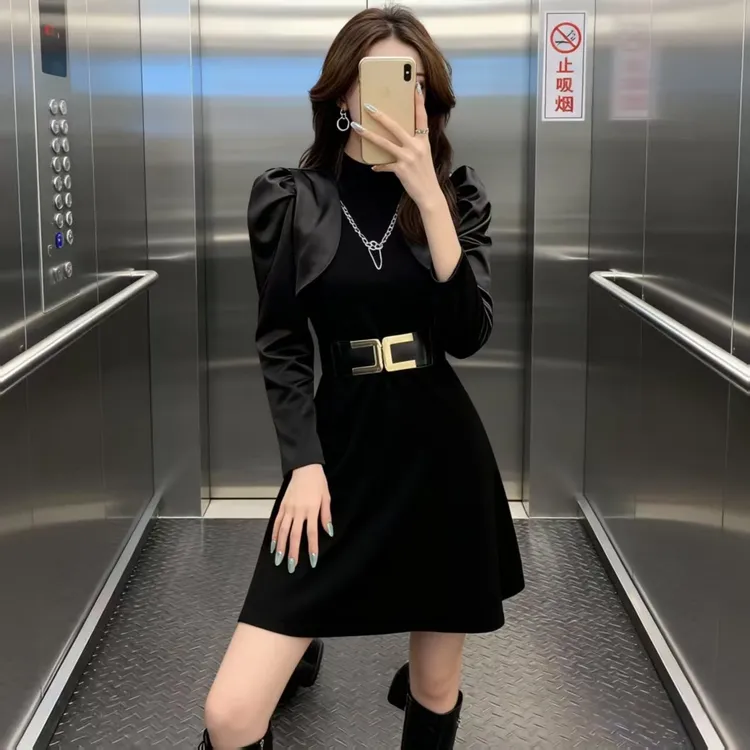 短裙春秋休闲装黑色气质修身连衣裙新款长袖收腰显瘦裙子
