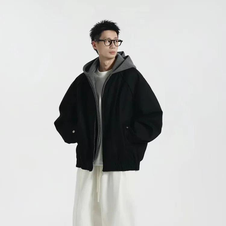 2025秋冬新款男士连帽卫衣情侣休闲夹克叠穿假两件设计纯色外套男