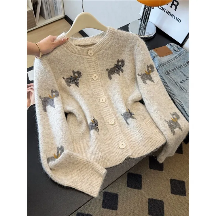 2025秋冬慵懒风小狗提花毛衣女秋冬宽松超好看针织开衫短外套上衣