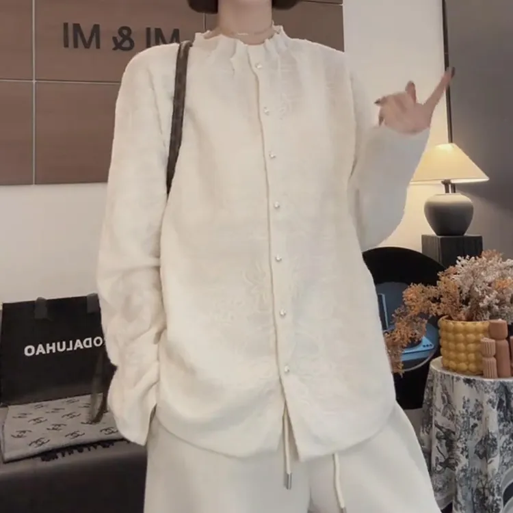 【米米服饰】2025秋冬“绵羊毛”绣花木耳领毛衣宽松提花刺绣针织开衫