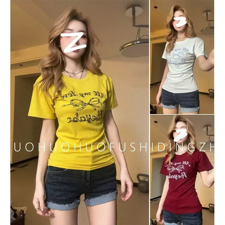 2025美式短袖t恤女夏季复古修身收腰显瘦蝴蝶结甜辣小上衣6811