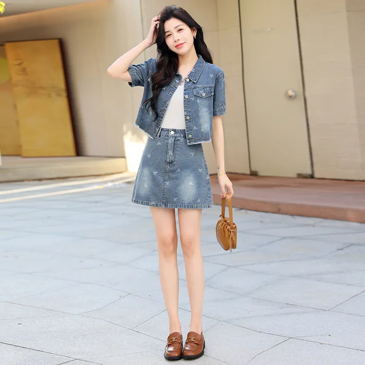 2025夏新款小个子牛仔短袖气质短款套装裙洋气牛仔套装时尚小清新