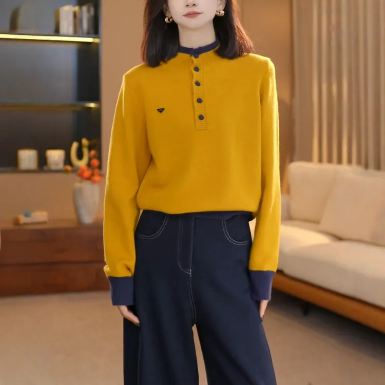 半开领纽扣针织衫女2025秋冬新款黄色撞色设计感穿搭打底毛衣上衣