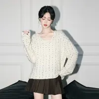 米白色彩点V领毛衣女秋2025春秋新款设计感宽松毛衣外穿套头上衣