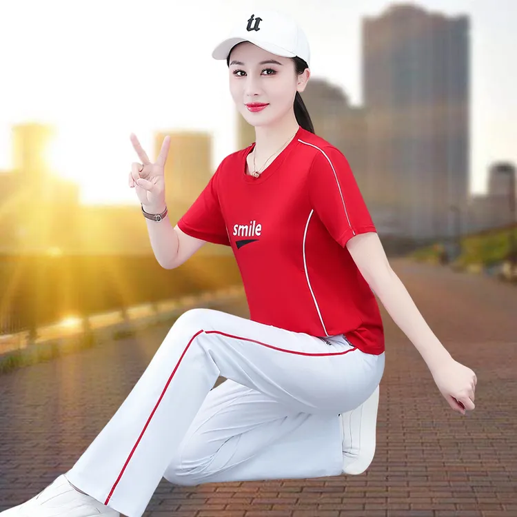 广场舞短袖运动套装女2025新款夏装妈妈休闲时尚宽松团队舞蹈服潮