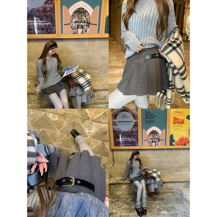 【白水女】格雷学姐 拼接皮扣A字百褶裙女冬设计感韩系加绒裤里短裙