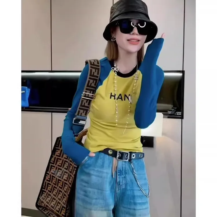 设计感撞色插肩长袖T恤女秋季新款韩系休闲风修身显瘦内搭打底衫