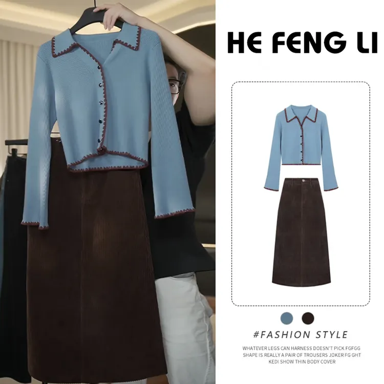 韩版翻领长袖上衣+纯色半身裙两件套女2025秋季新款网红设计感套