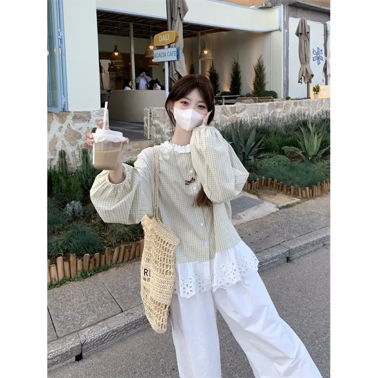大码法式蕾丝格子衬衫女夏季娃娃领衬衣胖MM遮肉显瘦上衣白色裤子