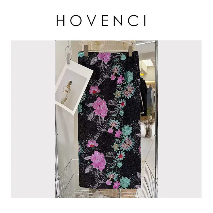 HOVENCI｜重工珠片刺绣丝绒半裙女装新款百搭显瘦气质高腰裙子