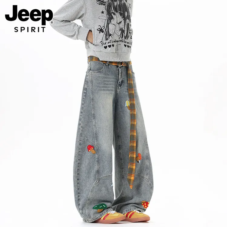 JEEPSPIRIT美式复古趣味刺绣牛仔裤男秋新款宽松直筒阔腿垂感裤子