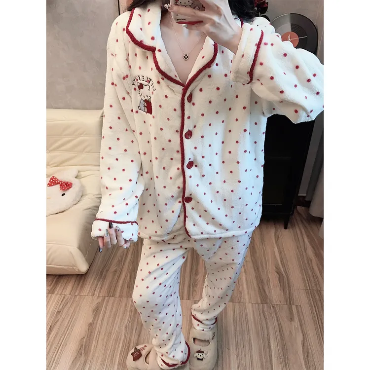 【加厚加绒】冬季KT猫睡衣女甜美风珊瑚绒法兰绒少女新款家居服套装