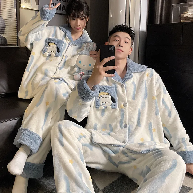 法兰绒情侣睡衣冬季加绒珊瑚绒加厚保暖套装男女士卡通家居服冬天