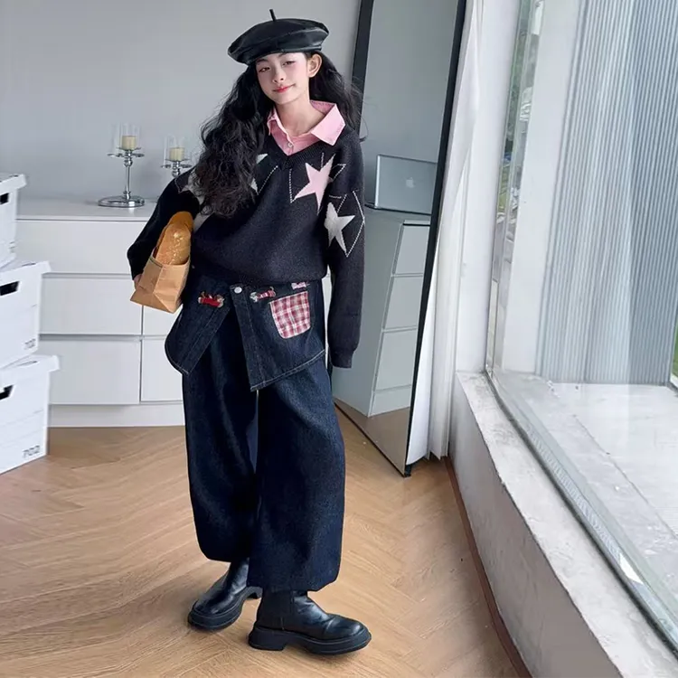 女童屁帘加厚牛仔裤秋冬2025新款儿童宽松洋气毛衣中大童时髦裤子