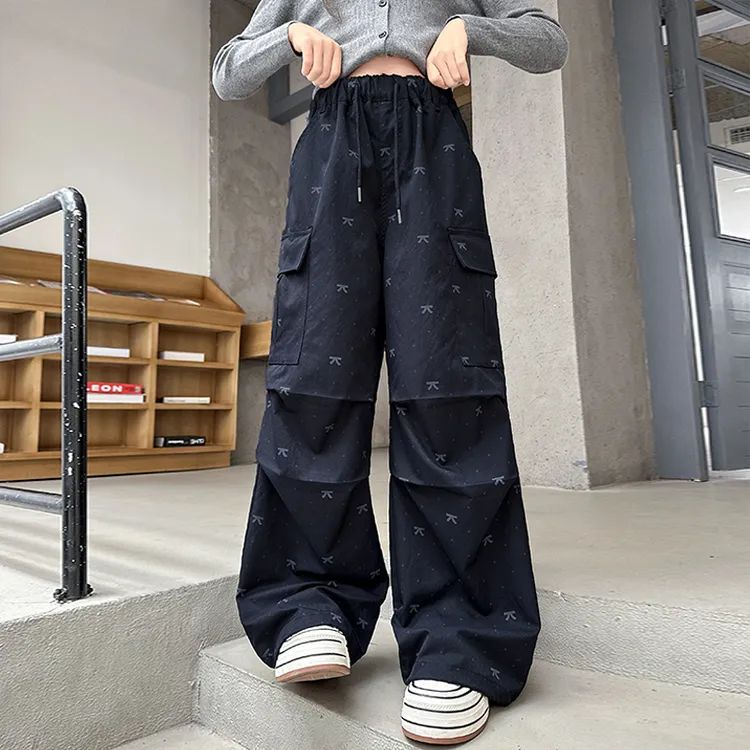 女童工装裤秋季休闲女大童韩版炸街阔腿裤儿童春秋洋气绣花直筒裤