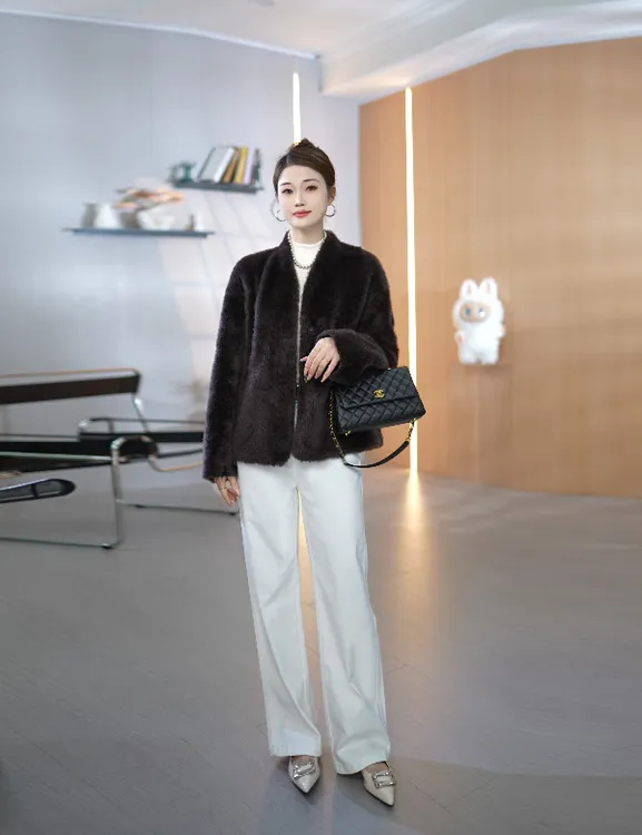 【巴黎故事】拉贡皮毛一体短外套毛毛大衣新款时尚老钱风冬季女款