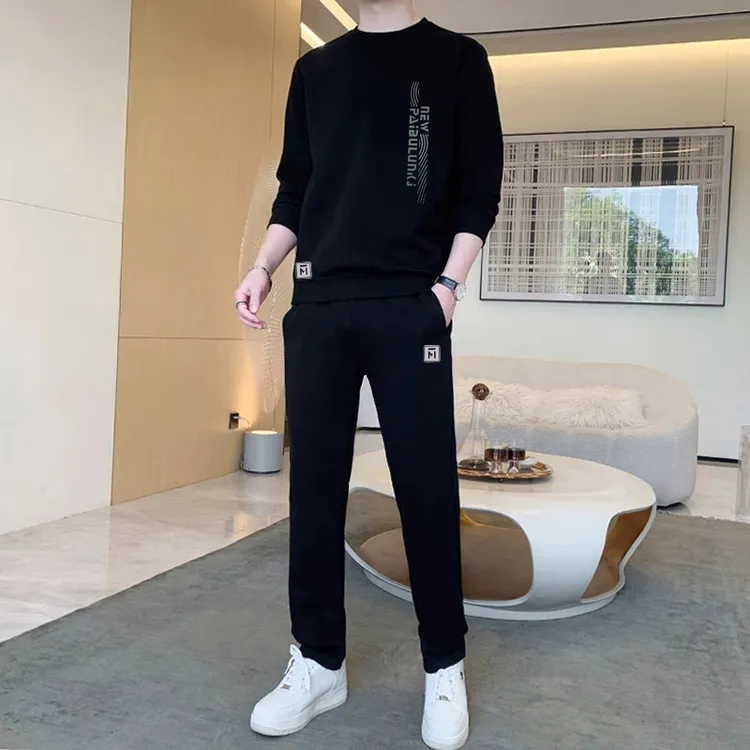 运动套装男士休闲圆领卫衣2025秋季新款加绒时尚潮流休闲裤两件套