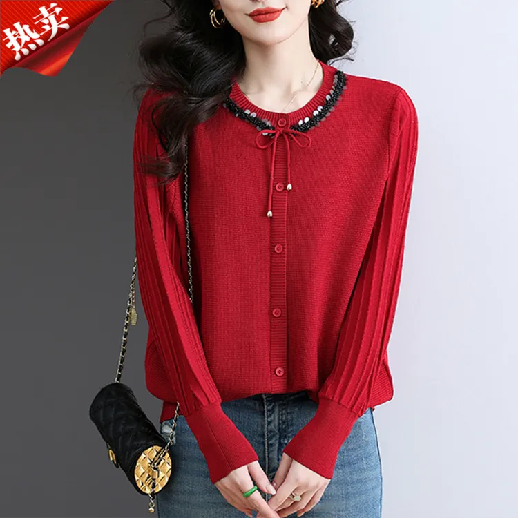 哥弟阿玛施正品新年红色亮片假针织开衫优雅气质内搭打底衫上衣女
