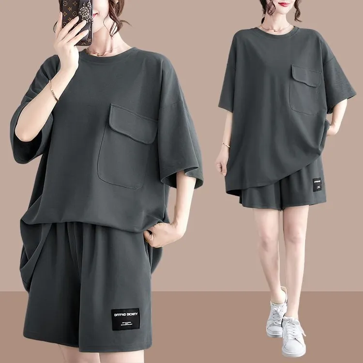 2025夏季欧货休闲套装女宽松大码显瘦时尚百搭短袖短裤两件套微胖