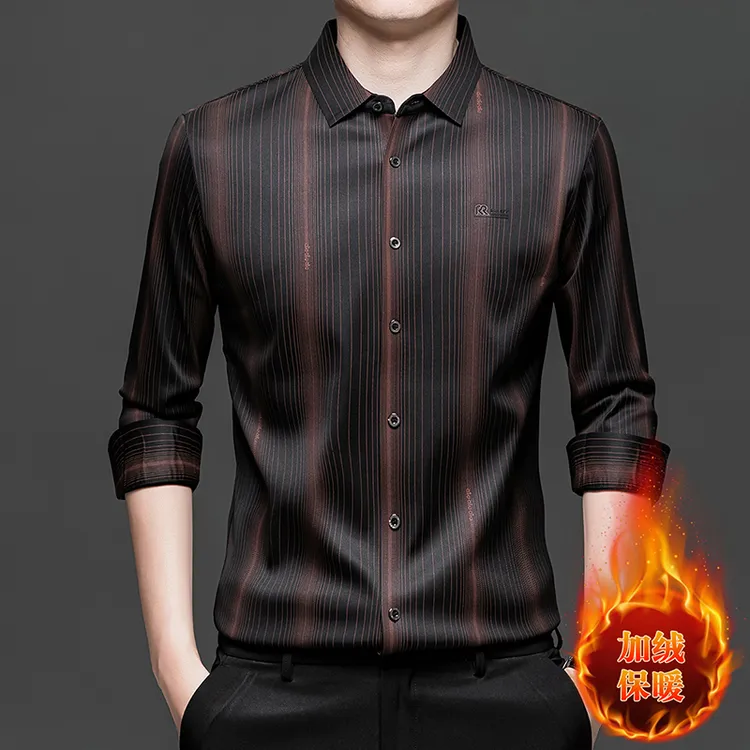 冬季休闲免烫加绒加厚男装保暖衬衫中年商务正装男士长袖条纹上衣