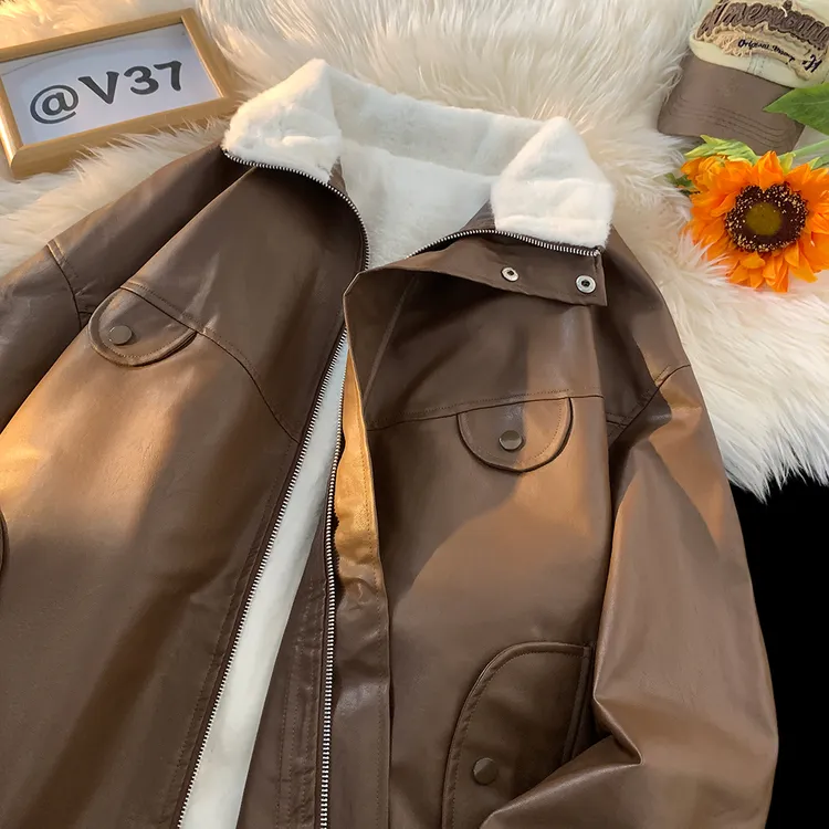 V37美式高级感皮衣外套男冬季高街cleanfit棉袄加绒加厚棉服夹克