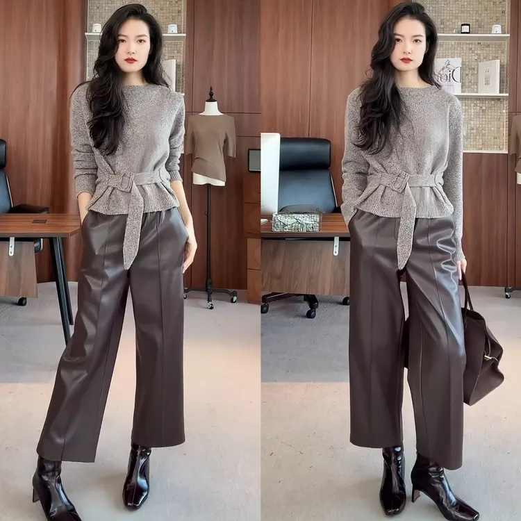 2025秋冬新款轻奢高级设计感收腰舒适毛衣百搭松紧腰气质皮裤套装