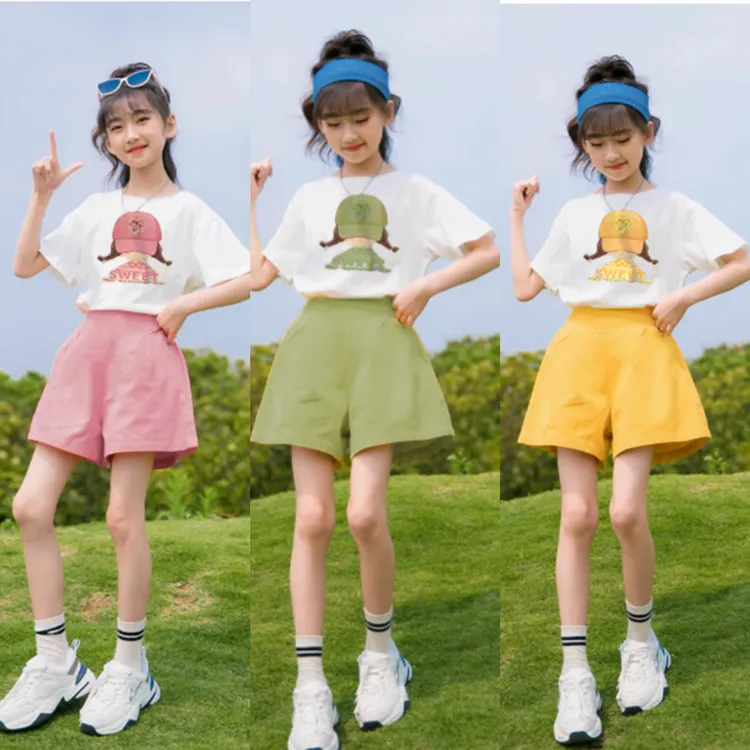 夏季女童套装新款儿童短袖短裤中大童运动两件套女孩时尚宝宝977