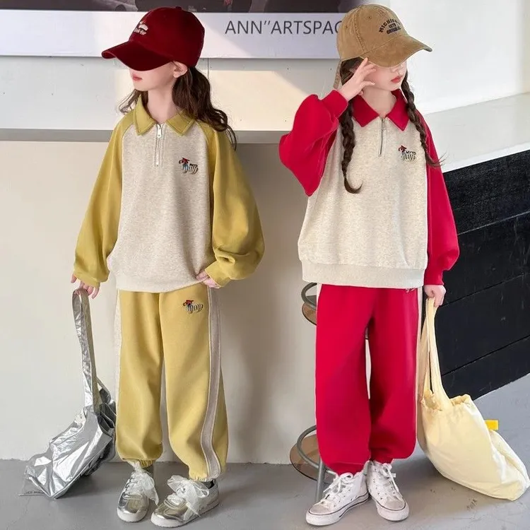 女童中大童拉链polo领卫衣休闲套装时髦洋气拼接撞色刺绣两件套潮