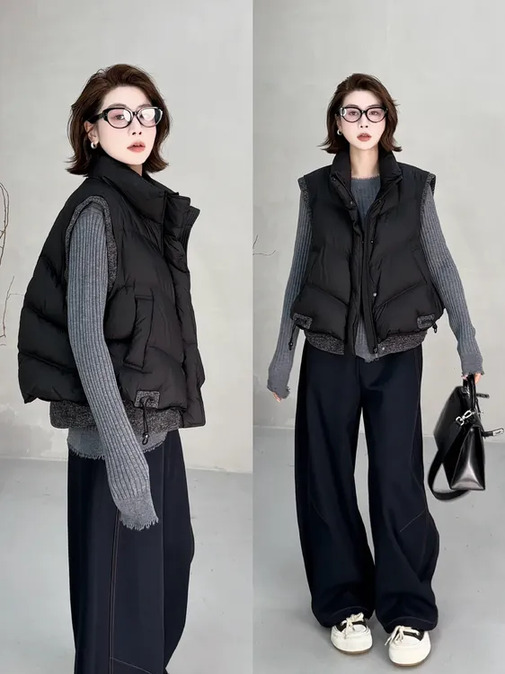 月月 秋冬【暮寻】小众设计轻薄保暖拼接立领羽绒马甲 2510C6552