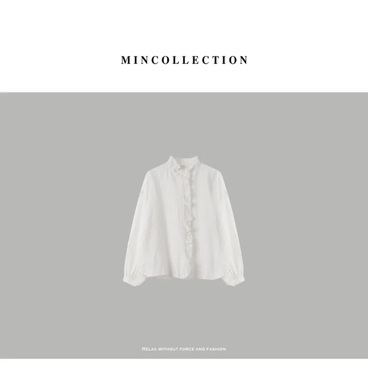 DE Mincollection木耳边衬衫/法式立体褶边立领全亚麻衬衫50491