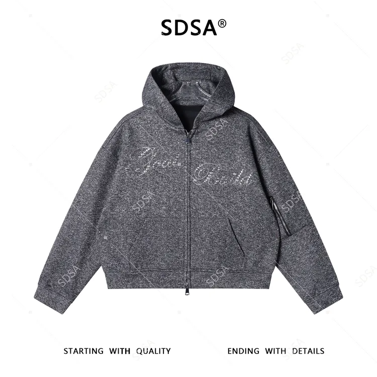 SDSA男士秋冬新款痞帅男装美式简约烫钻字母拉链连帽卫衣百搭宽松