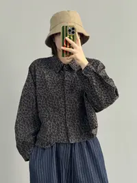 【复古豹纹长袖衬衫】女宽松显瘦慵懒风时尚POLO领百搭上衣