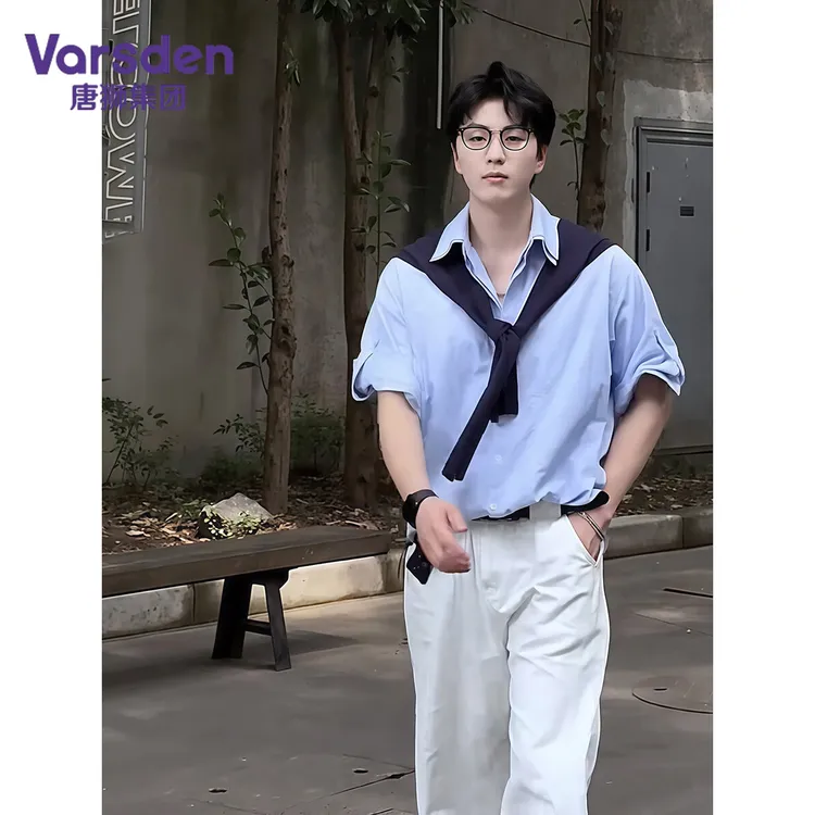 唐狮集团Varsden韩系ins风可拆卸假两件夏季衬衫复古情侣款上衣潮