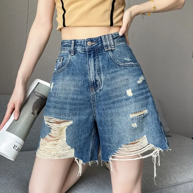 超火复古破洞五分牛仔短裤女2025夏季a字宽松小个子阔腿5分中裤子
