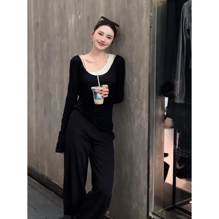 黑色正肩长袖t恤女2025新款早秋设计感气质内搭打底衫两件套上衣