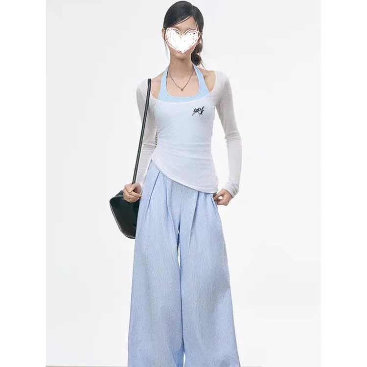 FRVXO蓝色挂脖背心收腰大圆领白罩衫高腰条纹阔腿裤春夏三件套