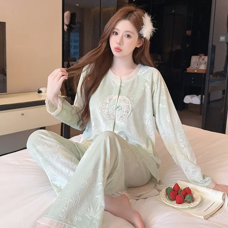 新款可外睡衣秋冬季家居服套装长袖压花金丝绒开衫2025新中式女