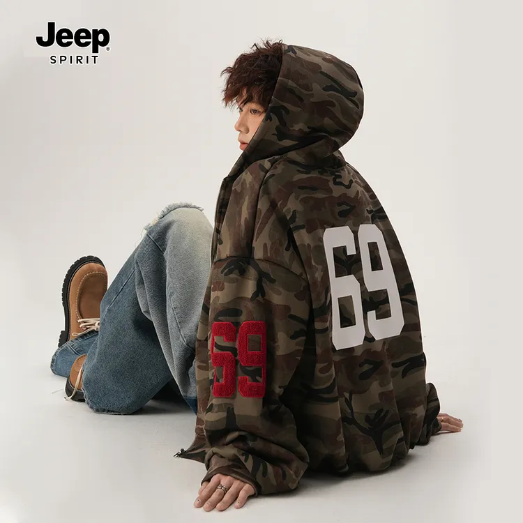 JEEPSPIRIT美式复古迷彩开衫连帽卫衣男女秋季潮百搭宽松帽衫外套