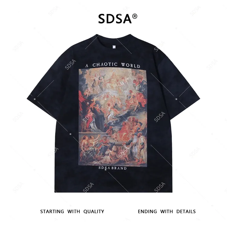 夏季高级感新款男士街头字母油画图案短袖T恤设计师宽松复古上衣