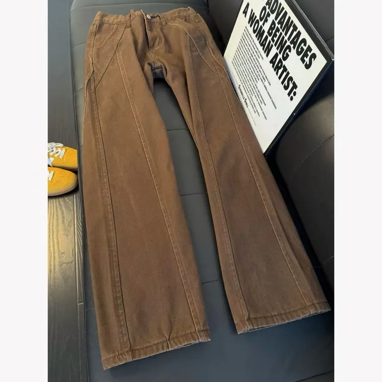 美式复古纯棉牛仔裤秋冬加绒男款高街直筒水洗微喇斜切弯刀工装裤